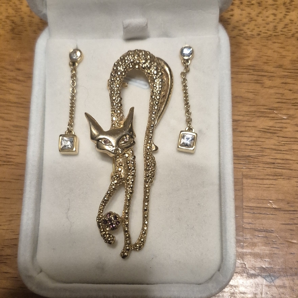 Givenchy Gold Cat Brooch with Dangle Crystal Earrings